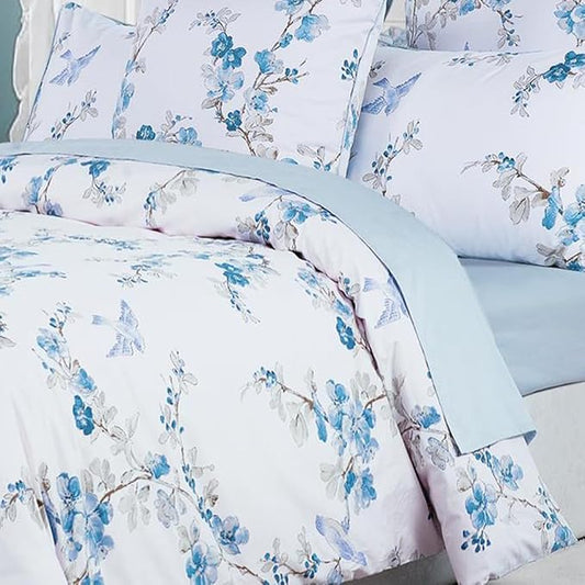 Brandream Duvet Cover King Size Floral Beddding Set Vintage Style Tree Blossom Birds with 100% Egyptian Cotton Quilt Comforter Cover Set(King,Blue)