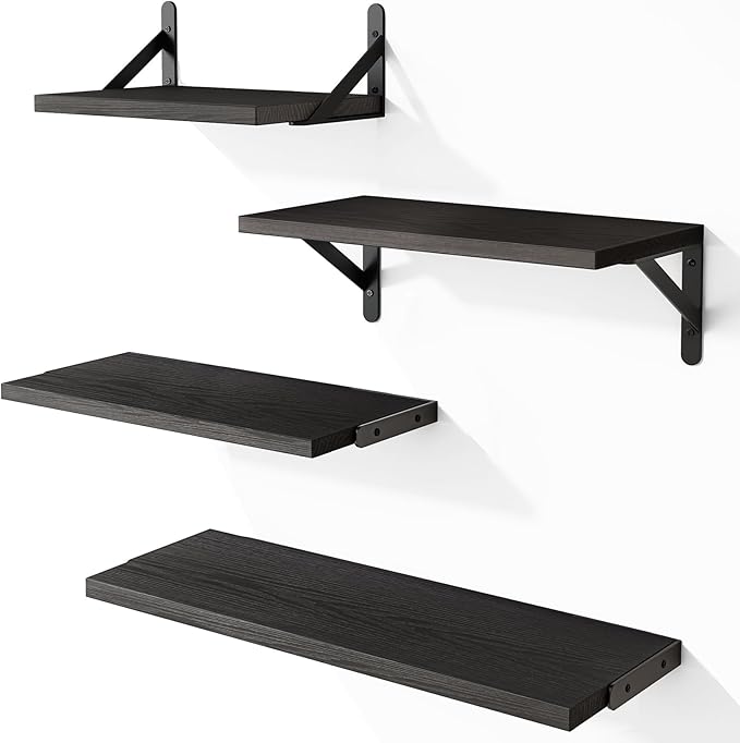 YGEOMER Wall Shelves, Black Floating Shelves Different Sizes for Living Room, Bathroom, Bedroom, Kitchen, Home Decor (Set of 4)