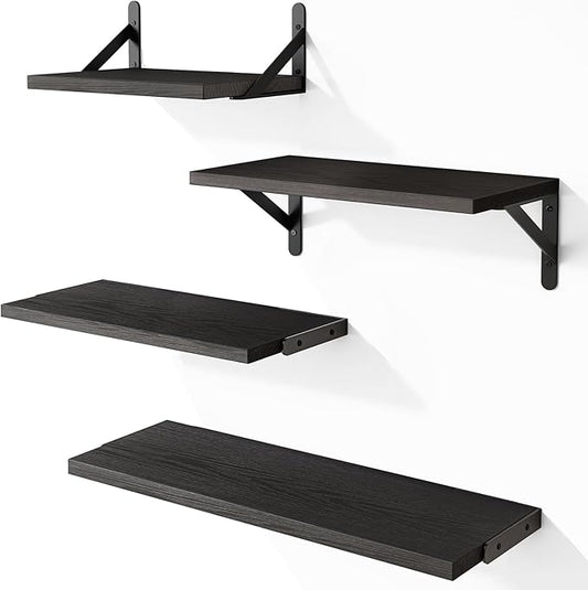 YGEOMER Wall Shelves, Black Floating Shelves Different Sizes for Living Room, Bathroom, Bedroom, Kitchen, Home Decor (Set of 4)