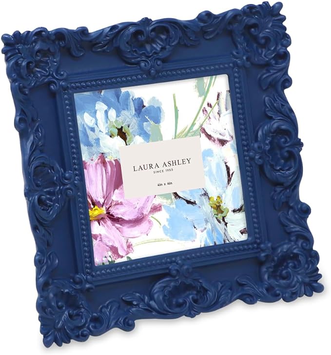 Laura Ashley Ornate Textured Hand-Crafted Resin Picture Frame with Easel & Hook for Tabletop & Wall Display, Decorative Floral Design Home Décor, Photo Gallery, Art, More (4x4, Navy)