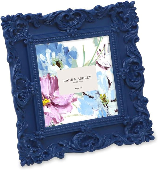 Laura Ashley Ornate Textured Hand-Crafted Resin Picture Frame with Easel & Hook for Tabletop & Wall Display, Decorative Floral Design Home Décor, Photo Gallery, Art, More (4x4, Navy)