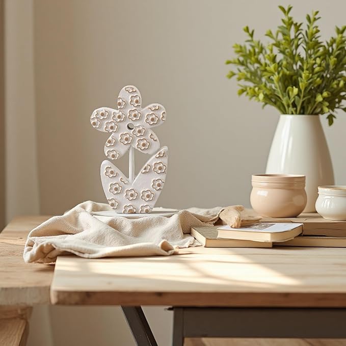 Vintage Small Cute Wooden Flowers Table Decorations for Dining Room 5 X 8 Inch, Handmade Distressed White Rustic Floral Coffee Table Figurine for Living Room, Farmhouse Home Decor for Shelf