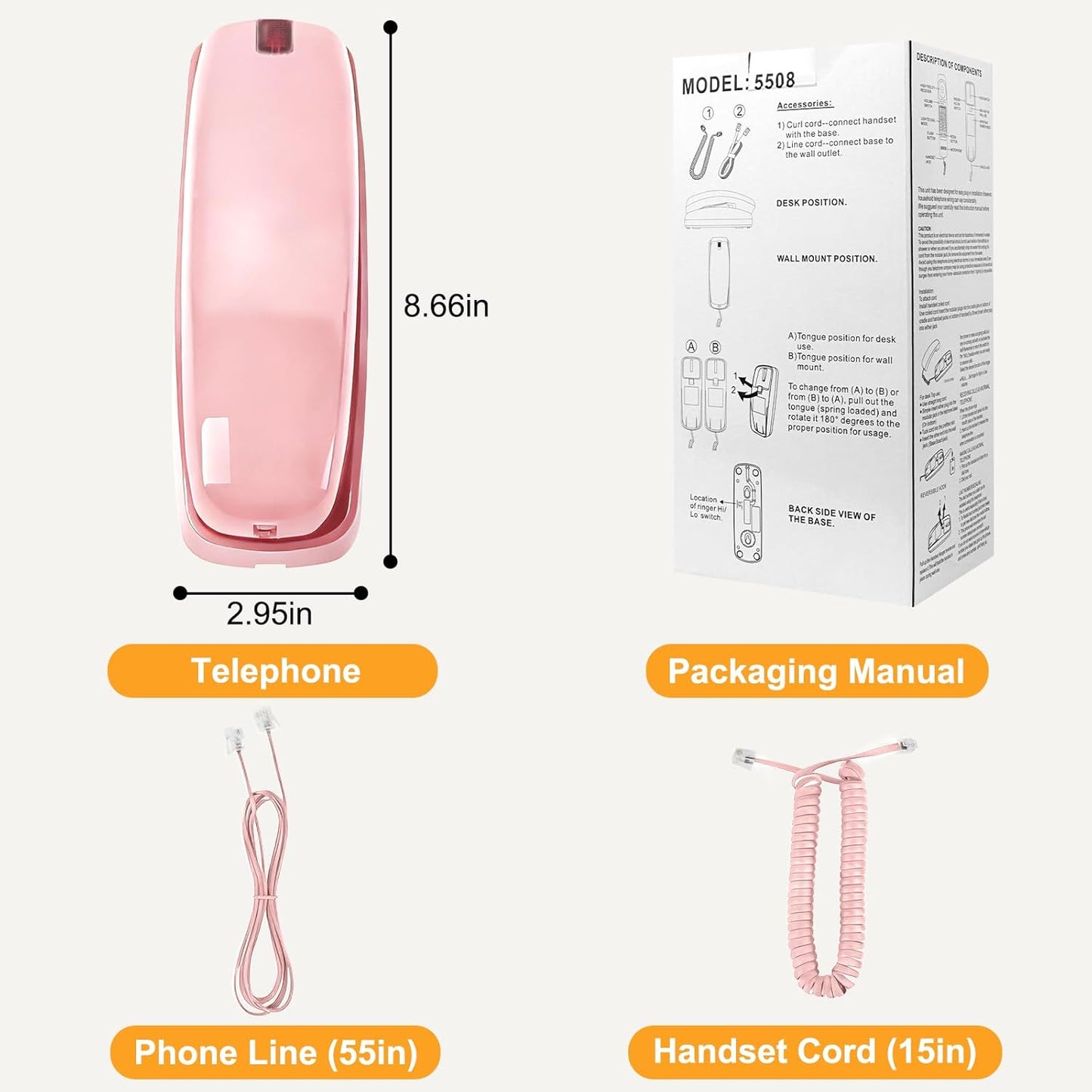 Uvital Corded Landline Phone - Wall-Mount Design with Loud Ringer | Emergency Use, Pink