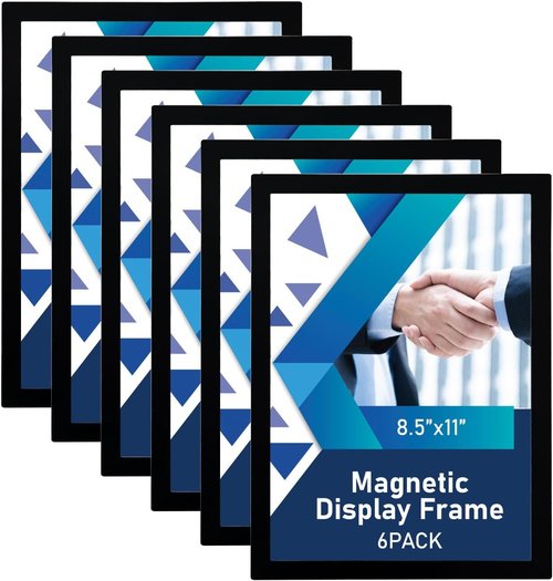 Magnetic Sign Holder | 8.5x11" Wall-Mounted Self-Adhesive Frame - Transparent with Black Edge, 6 Pack
