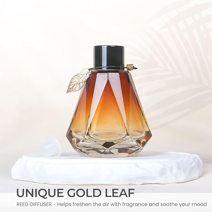 Reed Diffuser Set - 4 Empty Bottles with 20 Sticks, Delicate Gold Leaf Decor, Glass Fragrance Diffuser with Lids for Home, Bathroom | Refillable, Diamond Style (4 PCS Black)