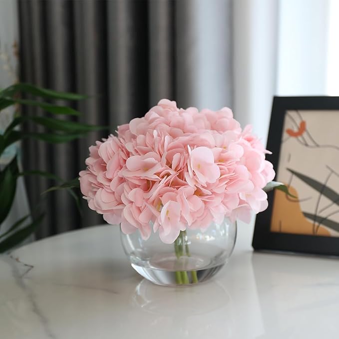 Hydrangea Artificial Flowers with Vase Blue Silk Fake Flowers Arrangements in Glass Vase with Faux Water for Home Decor Indoor (Pink)