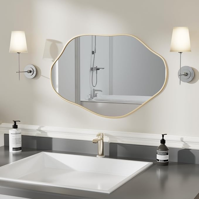 24"x36" Irregular Wall Mirror Cloud Asymmetrical Shaped Gold Aluminum Alloy Framed Mirror for Living Room Bathroom Bedroom Entryway Fireplace