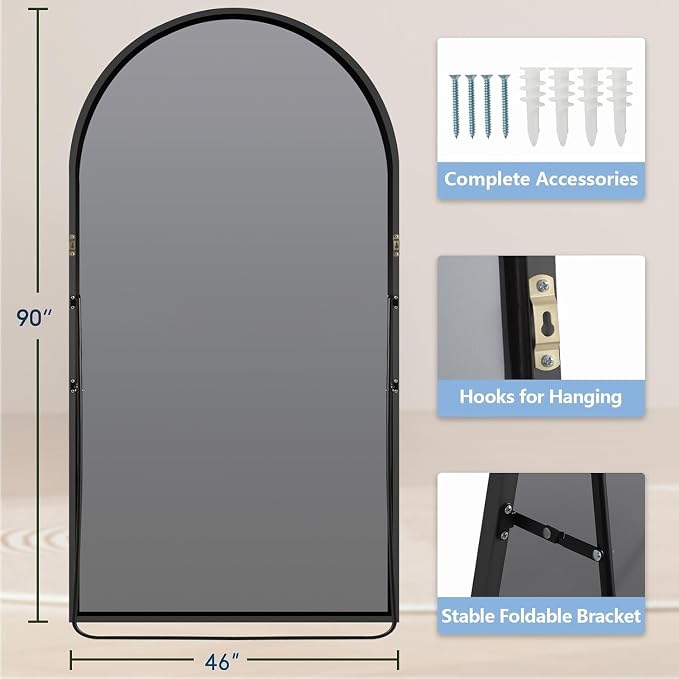 Dewfig Arched Full Length Mirror, 90"x46" Large Floor Mirror with Stand, Oversized Full Body Mirrors for Leaning or Hanging, Wall Mounted Mirrors for Bedroom, Living Room,Dressing Room, Black