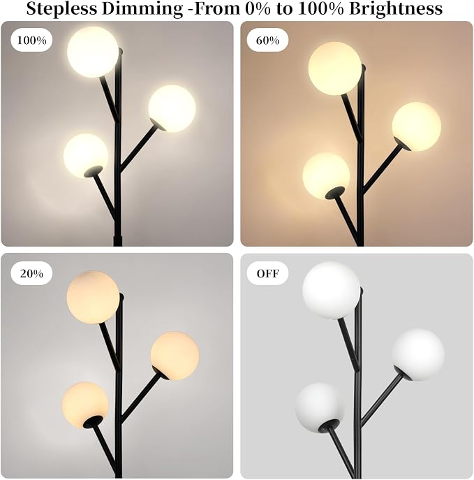 Ldeco 3-Globe Mid Century Black Tree Floor Lamp for Living Room,70in Tall Modern Stepless Dimmable Standing Lamp with Frosted Glass Shade for Office Bedroom, Study Room Bulbs Included(dimmer-Black)