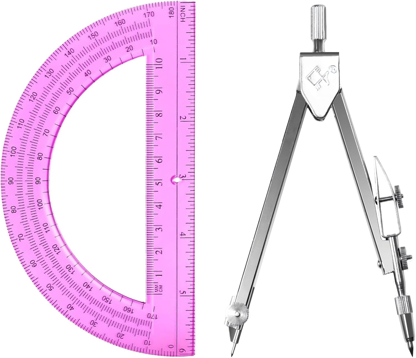 Students Geometry Math Set - Drawing Compass & 6-Inch Transparent Protractor (Pink)