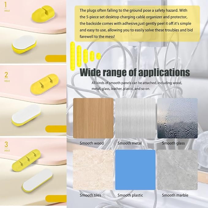 Cable Holder Clips，5 Packs Yellow Cable Management Cord Organizer Clips Silicone Self Adhesive for Desktop USB Charging Cable Nightstand Power Cord Mouse Cable Wire PC Office Home(7-5-3-2-1 Slots)
