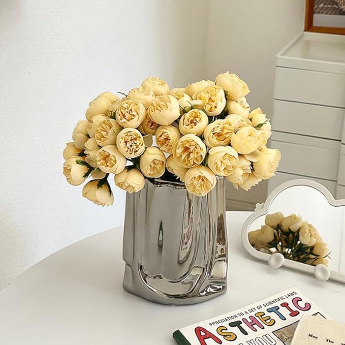 Ceramic Flower Vase, Crinkle Paper Shape, Silver Metal, Decorative Home Accent (Small)