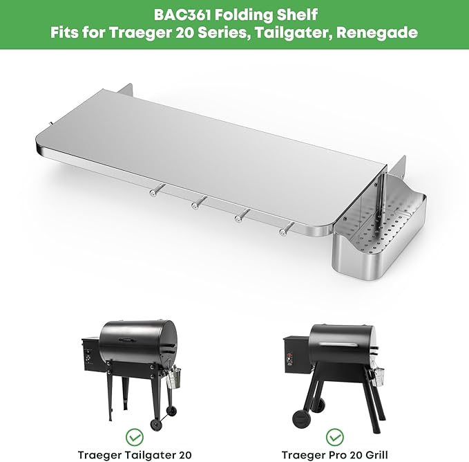 Stanbroil Stainless Steel Folding Front Shelf for Traeger 20 Series Pellet Grills, Grill Accessories with Caddy Organizer, Paper Towel Holder & Hook for Traeger BAC361 Shelf