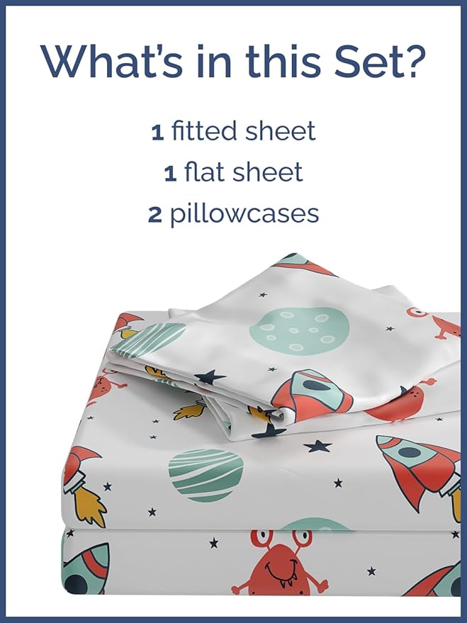 Kids Space Queen 4 Piece Sheet Set - Boys, Girls, Teens, Toddler - Easy Fit Deep Pockets - Breathable, Hotel Quality Bedding Sheets - Machine Washable - Wrinkle Free - Cute, Cozy, Soft - CGK Linens
