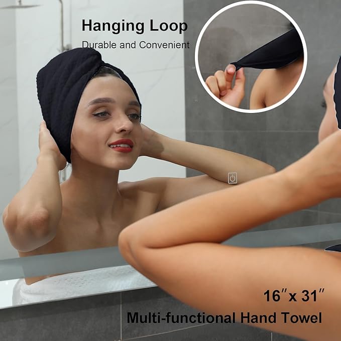 2 Pcs Black Hand Towel Set 16"x31" Soft Highly Absorbent Quick Dry Bathroom Towels Polyester Plush Towels Set Woven Towels for Bathroom Kitchen Hotel Spa Gym