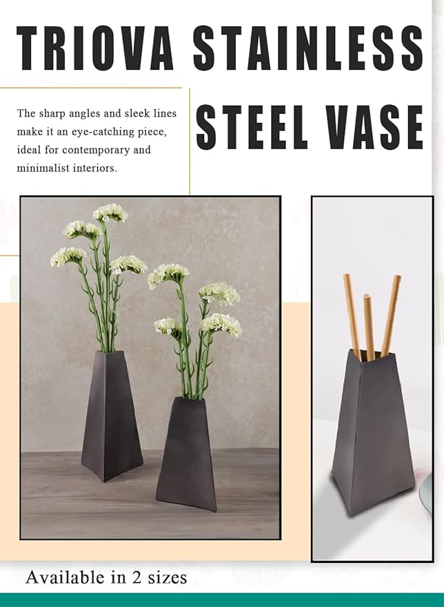 Serene Spaces Living Triova Stainless Steel Vase – Perfect for Fresh & Dried Flowers, Sculptural Accent for Mantels, Coffee Tables & Office Desks,Table Centerpiece, 4" Wide & 6.5" Tall, Pack of 12