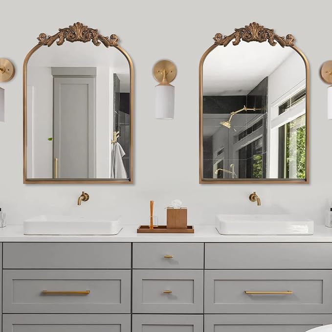 OUSHUAI Gold Traditional Vintage Ornate Baroque Mirror,Gold Brass Mirror for Wall,Victorian Antique Bronze Mirrors Arched for Bathroom/Living Room/Hallway/Fireplace 19"X27"