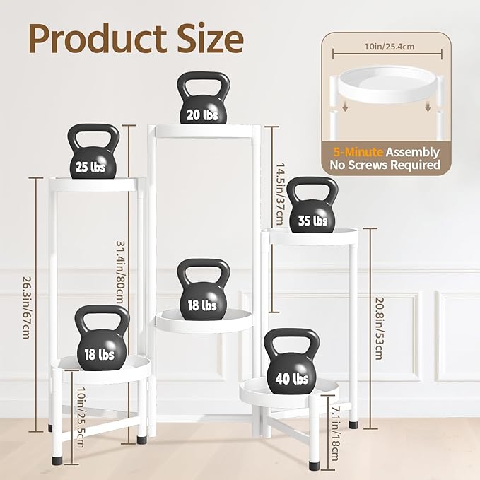 LASZOLA 6 Tiered Folding Plant Stand Indoor for Multiple Large Planter, Tall Heavy Duty Adjustable Rack with Rust Proof 10 Inch Wide Tray, Sturdy Vertical Tree Organizer for Narrow Inside Floor, White