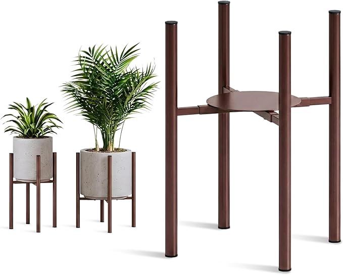 Adjustable Metal Plant Stand Indoor, Fits 8-14 Inch Pots, Mid Century Modern Planter Holder,2 Heights, Heavy Duty 160 lb, Indoor Outdoor Corner Floor Pot Stand, Coffee with Round Plate