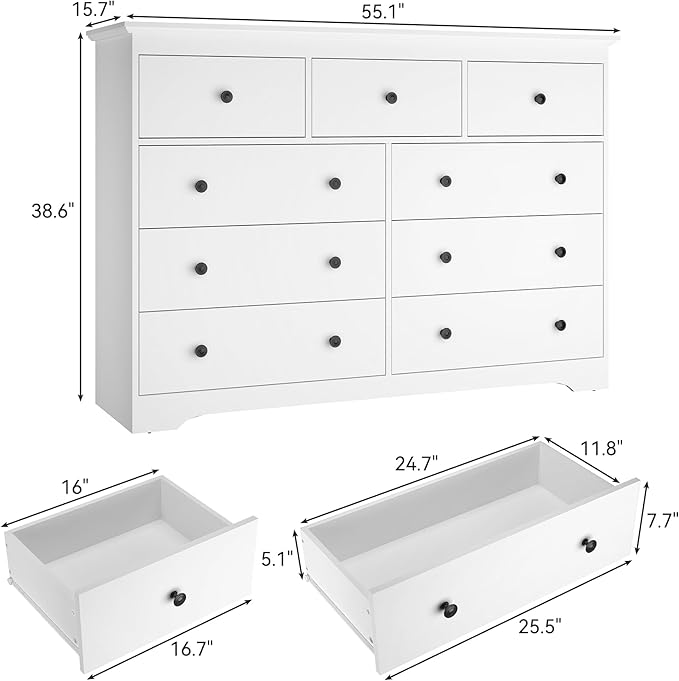 White Dresser for Bedroom，55" Wide 9 Drawers Dressers,Modern Wooden Chest for Living Room, Hallway