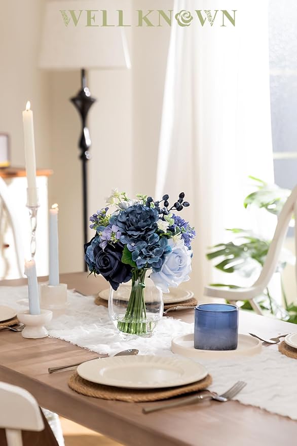 WELL KNOWN Fake Flowers in Vase with Fake Water, Realistic Faux Silk Blue Rose Hydrangea Artificial Flowers Indoor Arrangements Centerpiece for Coffee Table Wedding Party Fall Home Decor (Navy Blue)