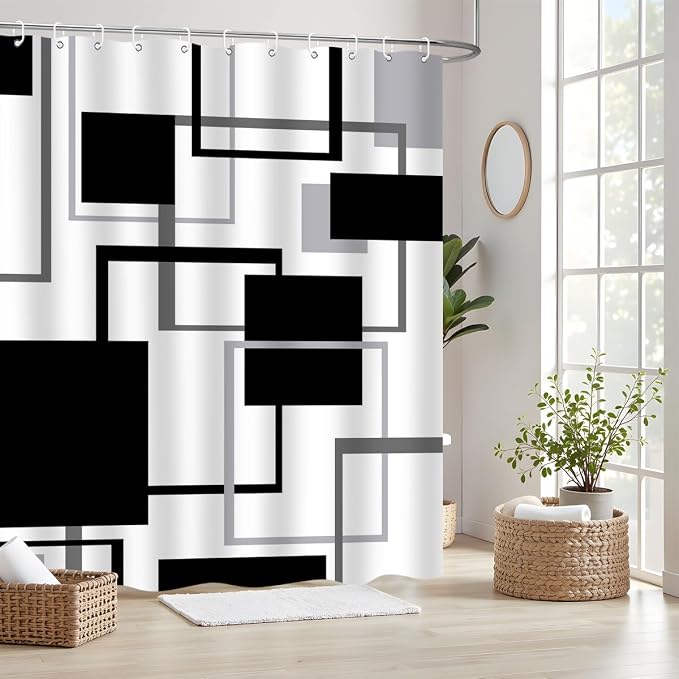 Geometric Shower Curtain Abstract Black White Grey Lines Square Simple Aesthetics Art Modern Home Bathroom Decor Waterproof Fabric 72Lx72W Inch with Plastic 12PCS Hooks