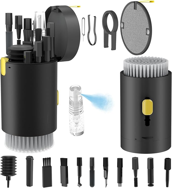 Tounee Keyboard Cleaner Kit, Electronics Cleaning Kit with Retractable Big Brush, Portable, 20 in 1 Multi-Tool Kit for Phones, Tablet, Computer, PC Monitor,TV Camera Lens with 2.5ml Mist Spray (Black)
