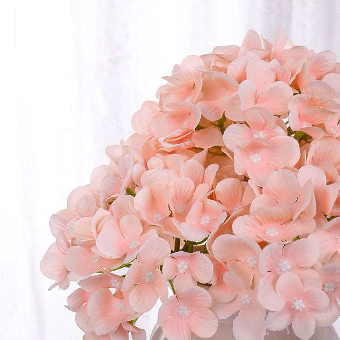 Silk Hydrangea Heads with Stems Artificial Flowers Heads for Home Wedding Decor,Pack of 10 (Peach Pink)