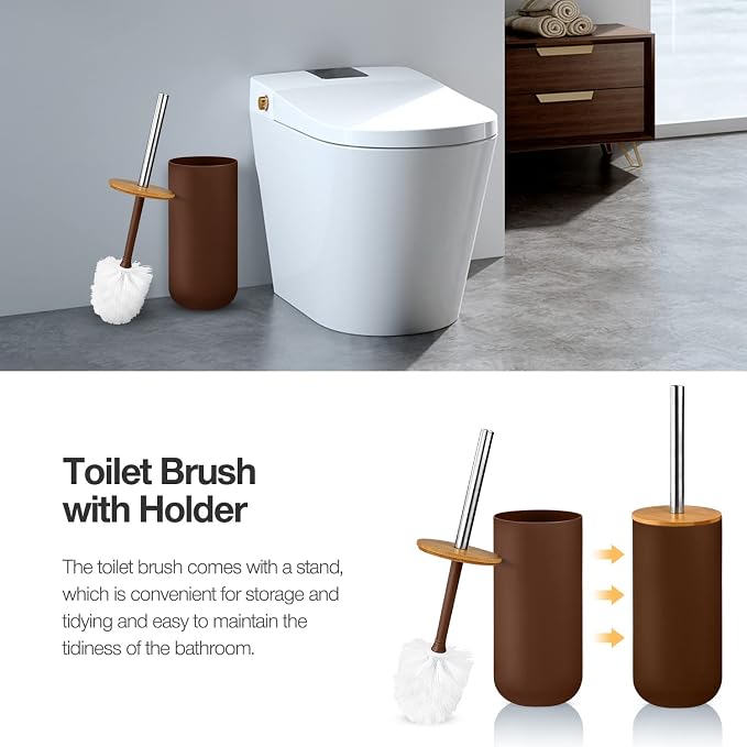 Bathroom Accessory Set, 6 Pcs Bathroom Essential Includes Toothbrush Holder, Toilet Brush with Soap Dispenser, Toothbrush Cup, Soap Dish, Trash Can (Brown, Bamboo)