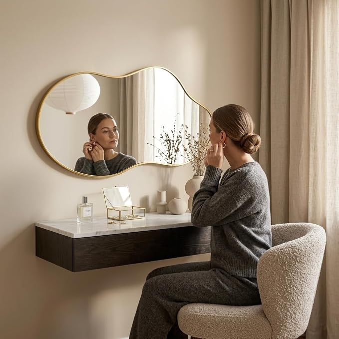Irregular Wall Mirror 24×40 Inch Wall Mirrors Decorative Gold Modern Asymmetrical Abstract Mirror for Bathroom Bedroom Living Room Entryway Hallway