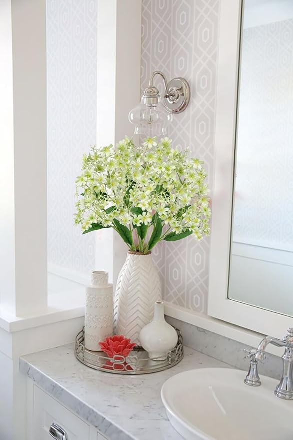 Hollyone Artificial Daphne Flowers with Long Stem 3Pcs Faux Light Green Flowers 28.3” Fake Spring Silk Flowers Piacks Bouquet for Floral Arrangement Wedding Party Centerpiece Table Home Decor