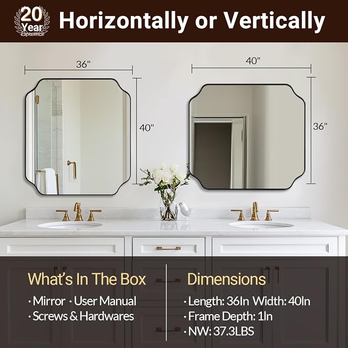 ANDY STAR 36x40 Inch Bathroom Mirror, Large Black Vanity Mirror for Wall, Modern Scalloped Mirror in Premium Stainless Steel Metal Thin Frame, Unique Rounded Notched Corners, Vertically/Horizontally