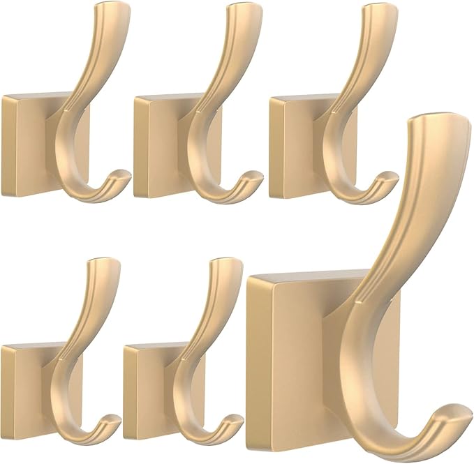 TOFIIGREM Gold Hooks for Wall Double Hooks, Heavy Duty Thick Bathroom Coat Hooks for Hanging Key Robe Hat Backpack, Wall Mount Hat Hooks Bath Towel Hooks(6 Pack, Gold)