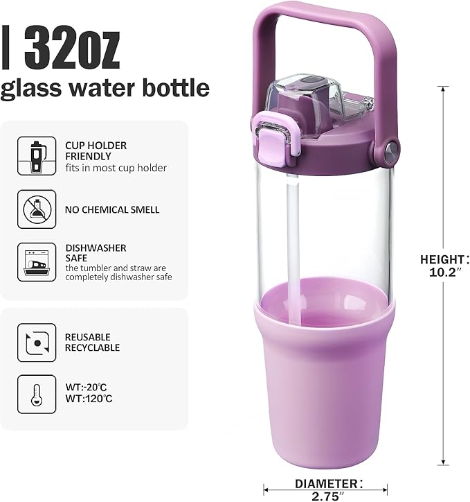 Glass Tumbler with Carry Handle, Clear Glass Water Bottle with Leakproof Lid, Spout Lid&Straw, BPA-Free, 32 oz, Lilac