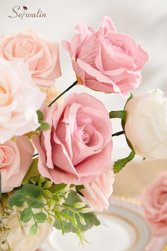 Serwalin 2 Pcs Artificial Flowers Fake Flowers for DIY Wedding Bouquets Cake Flowers Decoration Mixed Roses Combo Blush Pink and White Flower Centerpieces Arrangements for Home Party Decor