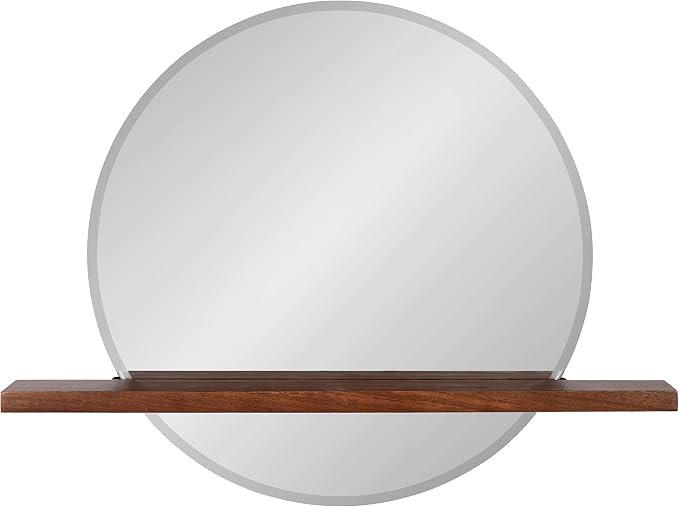Kate and Laurel Fossett Frameless Round Wall Mirror, 24 Inch Diameter, Walnut Brown, Decorative Functional Mirror with Shelf for Storage and Display