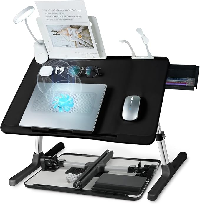iXTRA Laptop Lap Desk with Cooling Fan - Adjustable with Light, USB, Storage Drawer - Folding Bed Desk,23.62"*15.74",Black