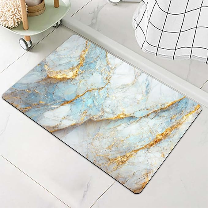 Diatomaceous Earth Bath Mat,Blue, White and Gold Marble Non-Slip Volume Super Absorbent Fast Drying for Bathroom Kitchen Door mat,Eco-Friendly Easy to Clean 20×31Inch (50 * 80cm)