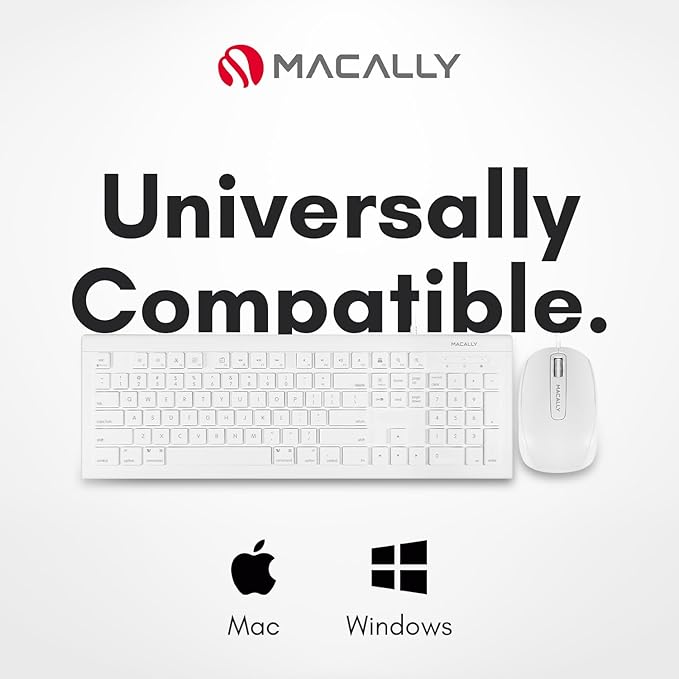 Macally 104 Key USB Wired Keyboard and Mouse Combo with Apple Shortcut Keys for Mac, iMac, Macbook, and Windows PC (MKEYECOMBO), White