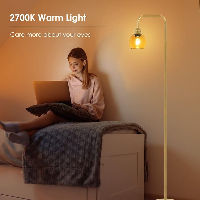 Modern Floor Lamp for Living Room with 6W LED Bulb, Industrial Floor Lamp, Amber Glass, Classic Reading Tall Lamp for Home Office, Standing Lamp for Study, Minimalist, Vintage, Mid Century, Brass Gold
