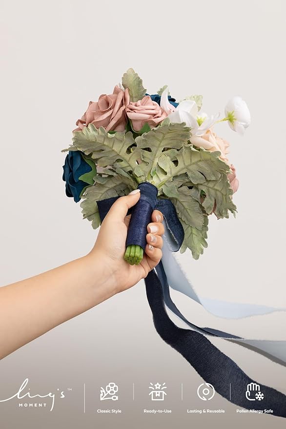 Ling's moment Artificial Flowers Dusty Rose & Blue Bridesmaid Bouquet, Wedding Flowers Bouquets for Bridesmaids, 7 Inch Bridal Bouquets for Bridesmaids, Wedding, Ceremony, Anniversary, etc