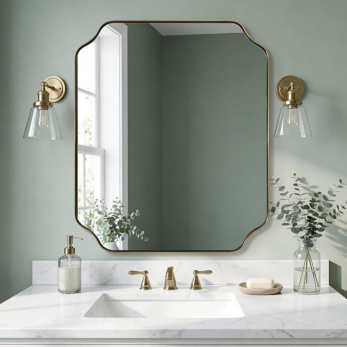 ANDY STAR 30"x36" Gold Bathroom Mirror, Brushed Brass Rectangle Mirror for Bathroom, Scalloped Vanity Mirror in Anti-Rust Stainless Steel Metal Thin Frame, Wall Mount Vertical or Horizontal