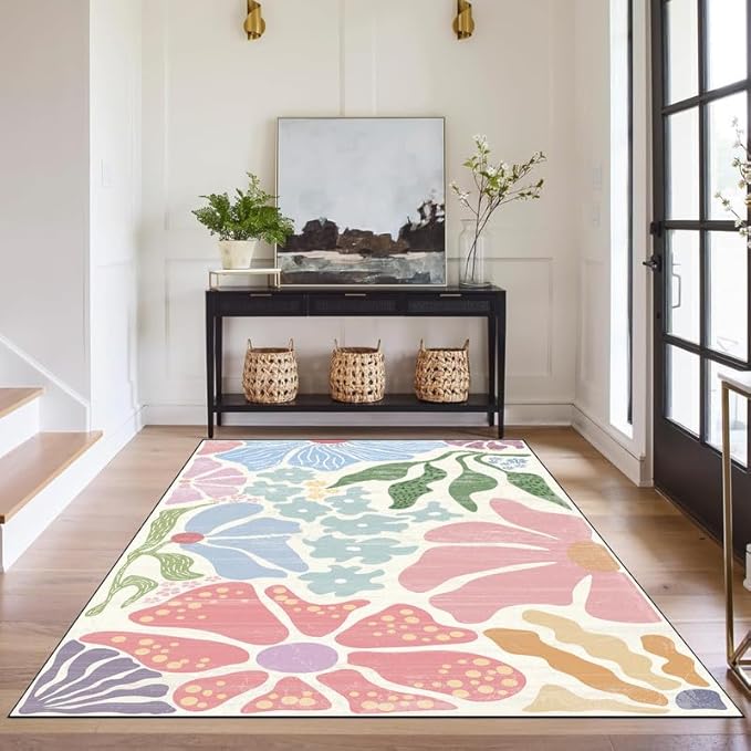 Floral Area Rug Modern Abstract Rug Pastel Flower Print Carpet Colorful Bohemian Plant Rugs for Entryway Bedroom Living Room Nursery Kitchen Playroom Home Decor,3'x5'