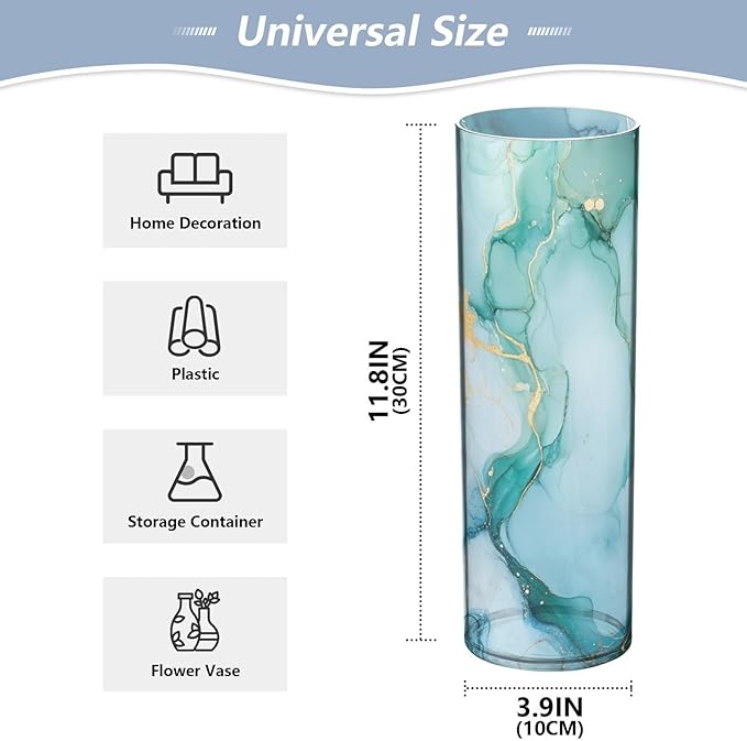 Watercolor Marble Texture Plastic Vase for Flowers 3.9" W x 11.8" H Modern Boho Style Cylinder Clear Vases for Wedding Centerpiece Table Party Home Office Decor