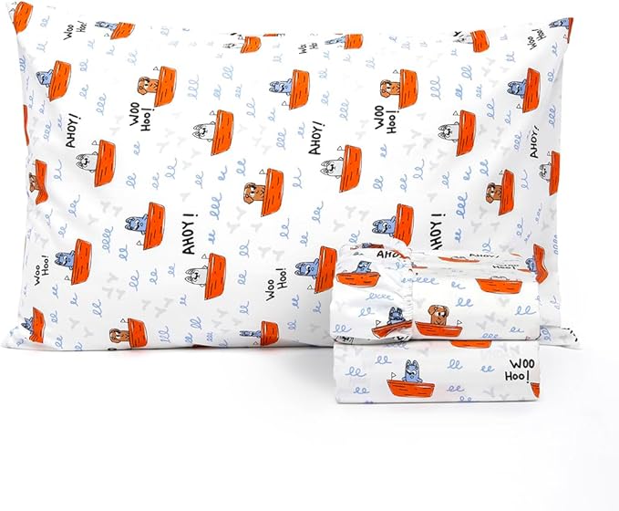 Salt Earth 100% Cotton 210TC Kids Bedsheet, Twin Sheets Set for Toddler Bed, 3 Piece Bedding Set Including Flat Sheet, Fitted Sheet, and Pillowcase, Themed Cute Sheets for a Playful Kids Bed (Ahoy)