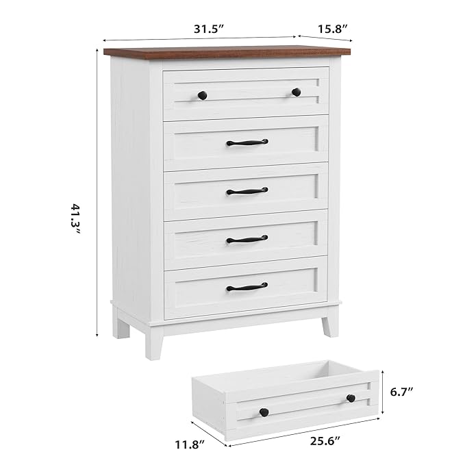 GarveeHome 5 Dresser for Bedroom, 41.3 in Tall Vertical Drawer Dresser with Large Storage, Freestanding Wooden Closet Chest for Bedroom, Living Room, White + Brown