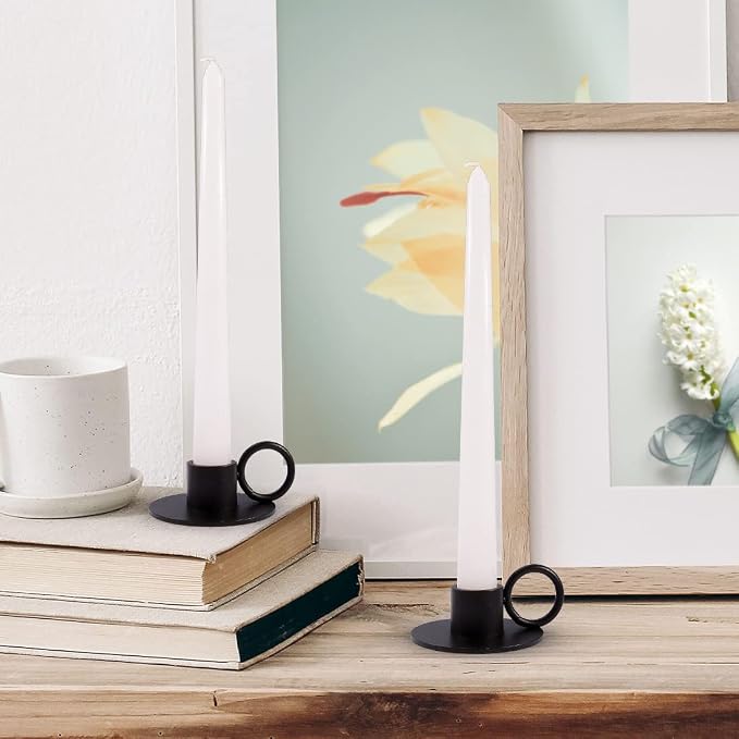 2PCS Black Taper Candle Holders with Round Handle, Matte Iron Candlestick Holders Centerpieces for Home Decoration, Wedding Anniversary, Party, Housewarming Gifts.