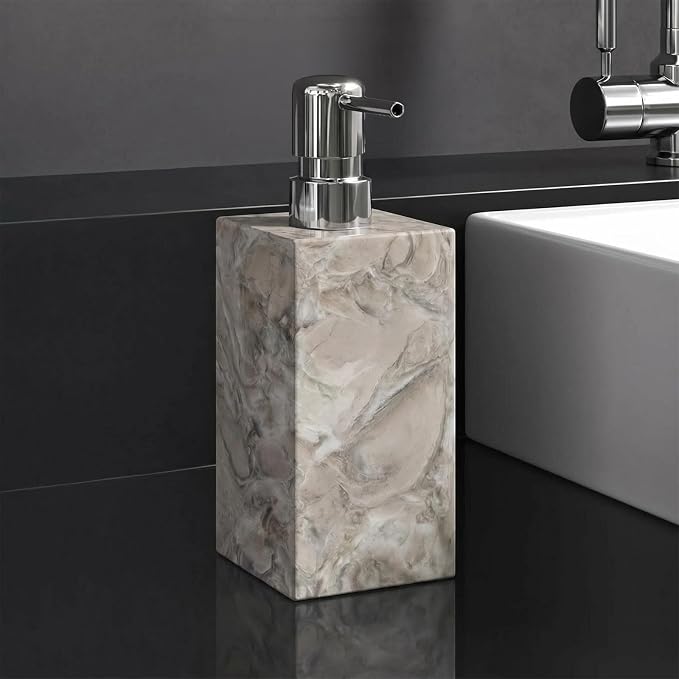 Real Natural Marble Soap Dispenser with Stainless Steel Pump Decorative Liquid Hand Soap Bottle for Kitchen Bathroom, Compatible with Lotion, Dish Soap Shower Gel (Grey 1 Set)
