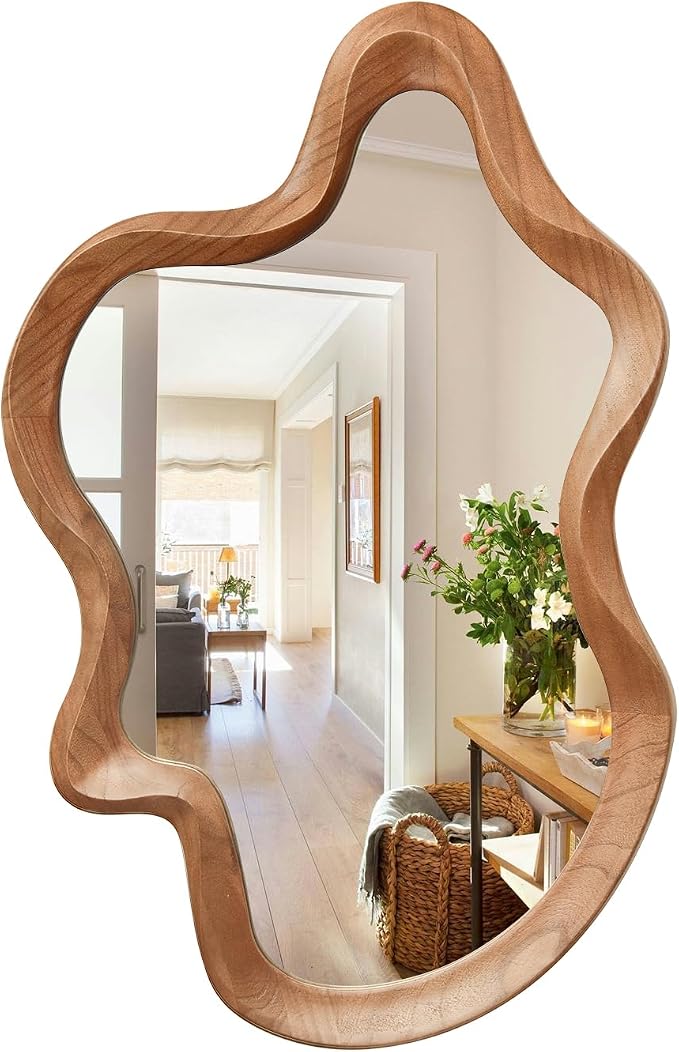 Irregular Wall Mirror,24"x 36"Asymmetrical Mirror Wood,Wooden Framed Wall Mirror,Modern Large Vanity Bathroom Mirror,Walnut Wavy Mirror for Entryway,Bedroom,Living Room,Washroom