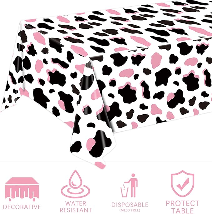 3 Pack Pink Cow Print Tablecloth - Cow Birthday Party Table Cloth Cow Print Table Cover for Disco Pink Cowgirl Birthday Decorations Supplies, 108 x 54 Inch